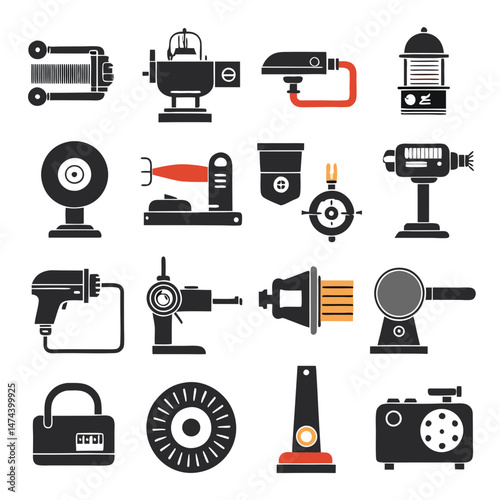 Assorted technical equipment icons in black, white and red