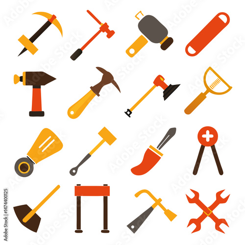 Collection of various construction tools on a white background