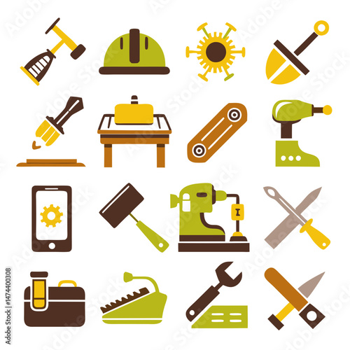 Work related tools and machinery displayed in a grid