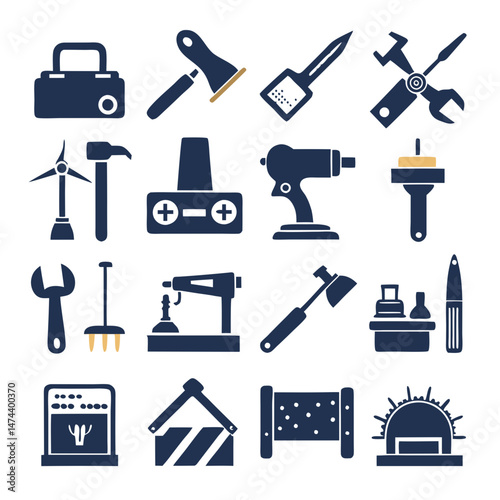 Collection of various industry and construction equipment vector icons