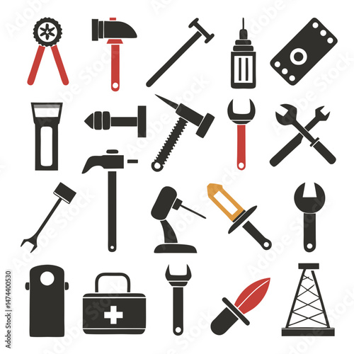 Assorted tool vector icon set featuring repair and maintenance