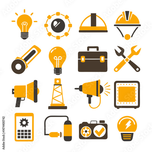 Flat icon set showcasing industrial tools and construction elements