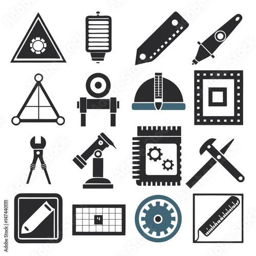 Set of engineering icons related to machinery and development