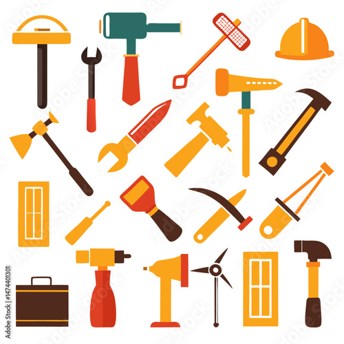 Flat design construction tools vector collection on white backdrop