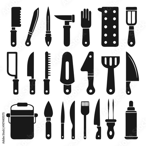Set of Various Kitchen Tools Icons Black and White