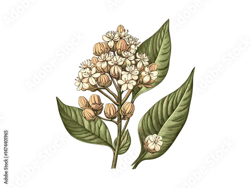 Engraving of Milkweed Flower, hand-drawn illustration, vintage botanical art, flora, spring flower, retro nature decor, Black sketch, summer bloom, trendy flower art, old engraving, vintage print