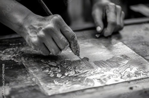Close-up of fine silver etching process at traditional