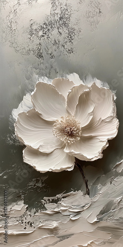A large white flower with gold accents and soft strokes on a muted grey background, blending abstract art with floral elegance in oil painting