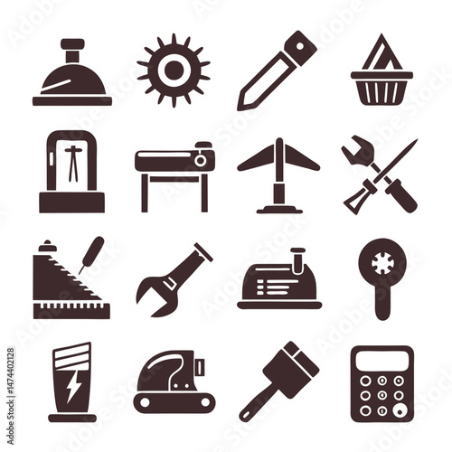 Hand drawn icons illustrating various tools and industrial equipment