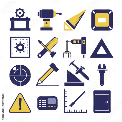 Collection of blue and yellow construction tools icons