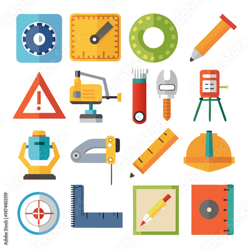 Construction equipment icons arranged neatly on a white background