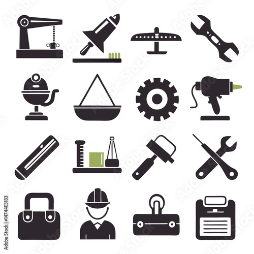 Silhouette icons representing various tools and equipment collection