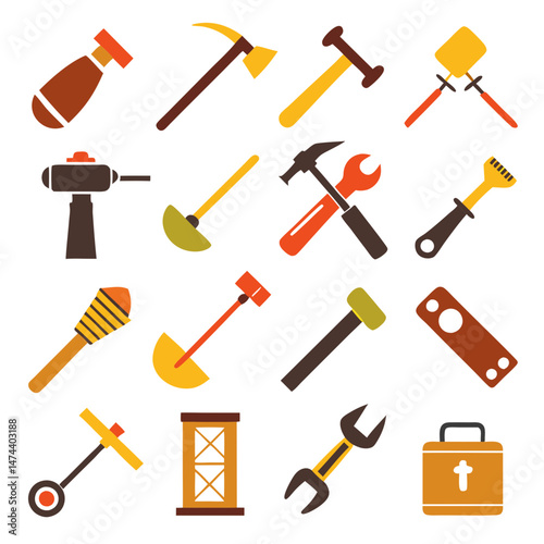 Assorted work tools flat design icons on white background