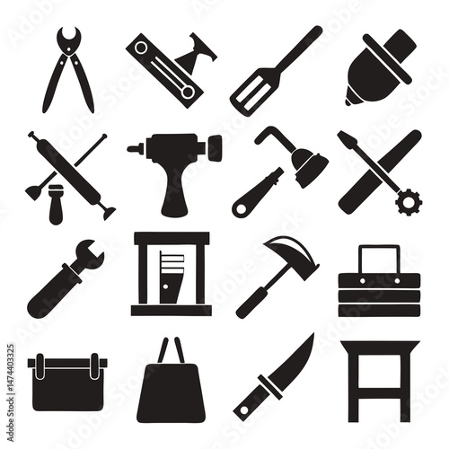 Silhouetted tools icons collection for construction, repair, and maintenance