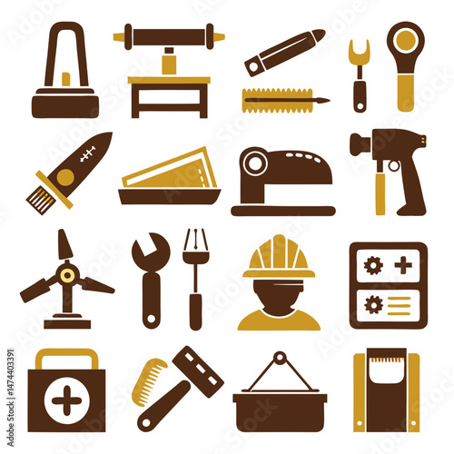 Icons of industrial tools and equipment in flat design