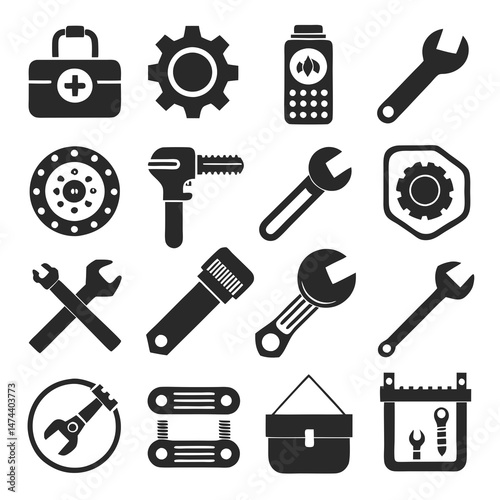 Monochrome set of car repair tools and equipment icons