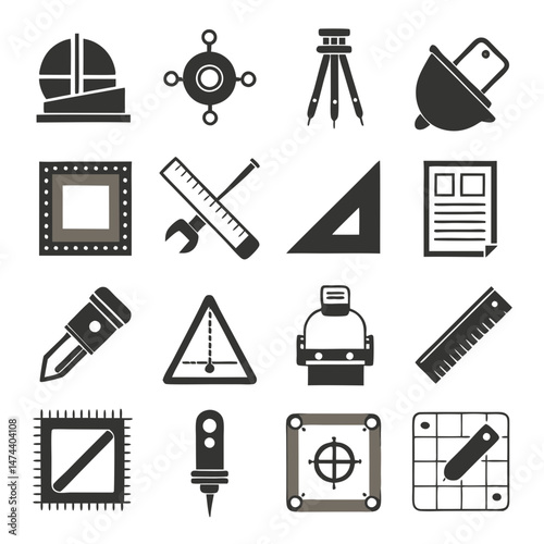 Blueprint technical drawing and architectural icons design vector set