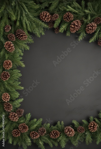 Lush fir branches and pine cones create a rustic Christmas border ,  decoration,  festive background,  branch