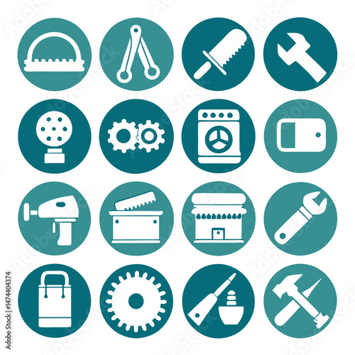Circular icon set featuring various tools and equipment