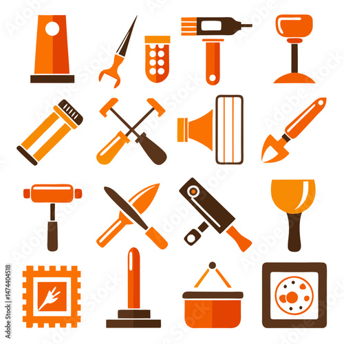Handyman tool set icon collection in orange and brown