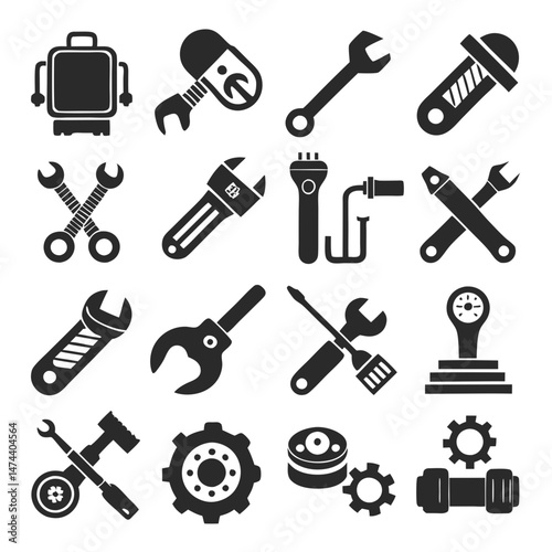 Collection of repair and service tools in black silhouettes