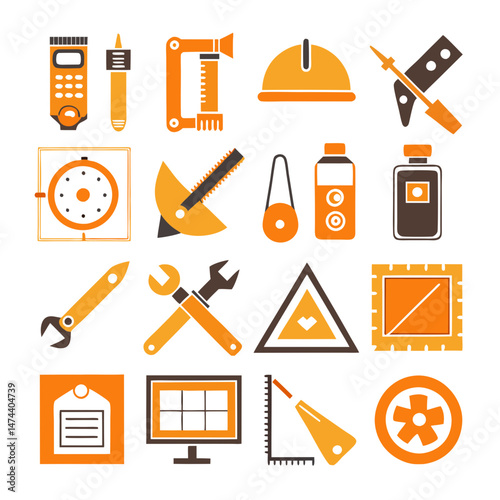 Flat icons representing tools and construction themed visual elements