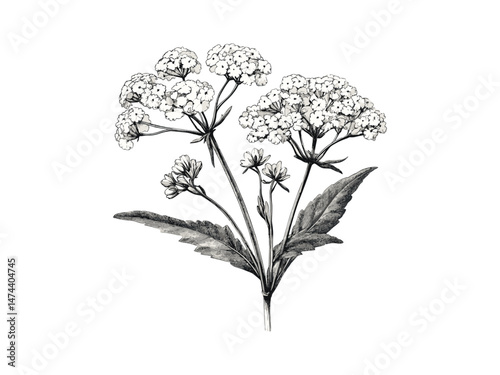 Engraving of Queen Anne’s lace flower head, vintage botanical sketch, antique floral illustration, rustic bloom decor motif, trendy engraved garden print, old engraving style, spring flower