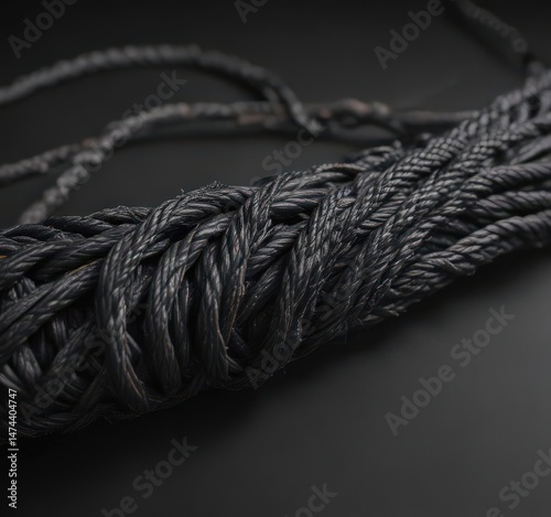 Snapped nylon cord, frayed ends, highlighting intense pressure ,  stress,  cord,  detail