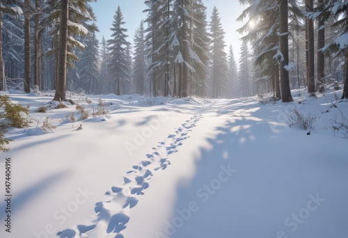 Deep bear tracks in untouched snow, serene winter woods ,  solitude,  habitat