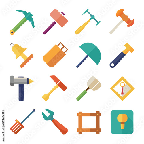 Flat vector icons illustrating diverse range of construction tools