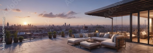 Luxury rooftop terrace, city view, modern apartment, comfortable, roof