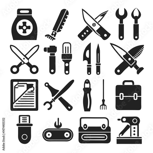 Monochrome compilation of maintenance and repair icons on white