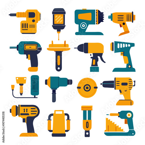 Collection of assorted construction power tools in flat illustration style