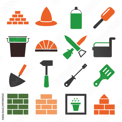 Construction and masonry tool icon set in flat style