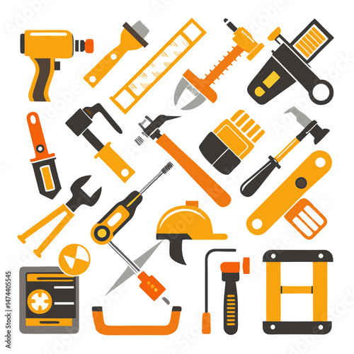 Collection of flat design construction tools on a white background