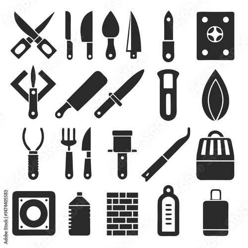 Assorted silhouette icons representing various tools and objects