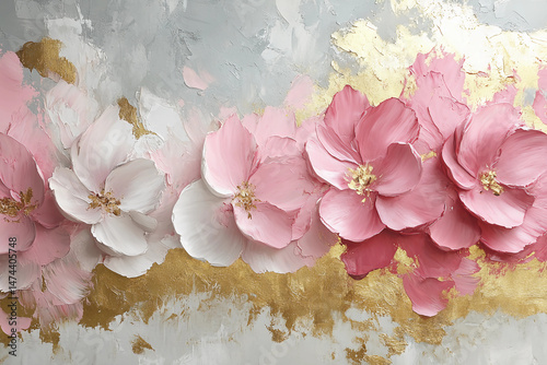 Abstract oil painting featuring pink and white flowers on a light grey background, accented with gold, capturing the beauty of nature and modern elegance in a minimalistic design