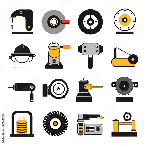 Industrial tools and equipment represented in flat vector icons