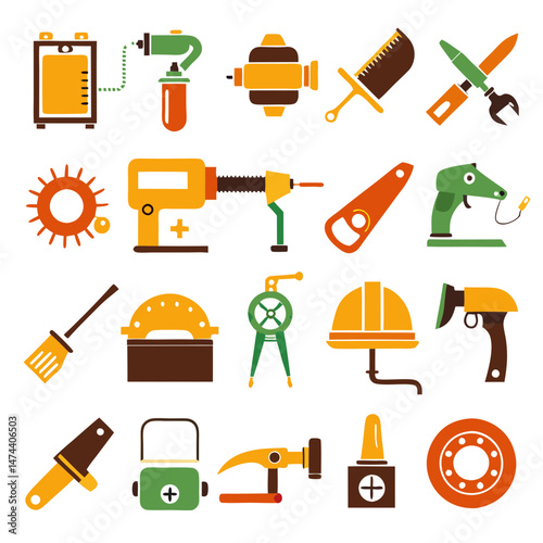 Cartoon illustration of repair and mechanical tools on white