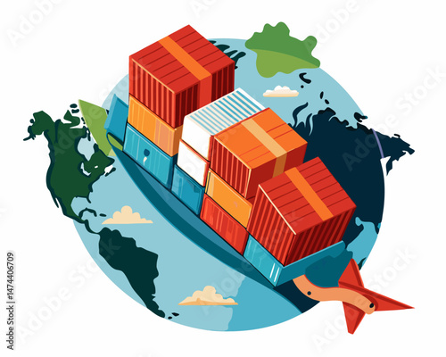 Global Cargo Shipping Illustration Featuring a Ship Carrying Multiple Shipping Containers Around the World