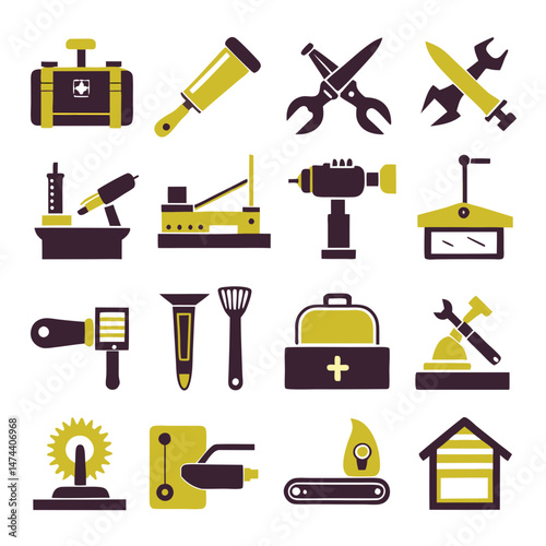 Icon set representing repair tools and garage equipment essentials