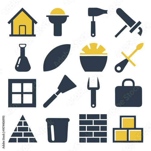 Construction Tools and Materials Icons with Bold Outline