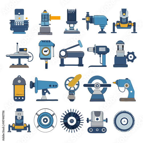 Collection of stylized blue industrial machinery vector stock illustration