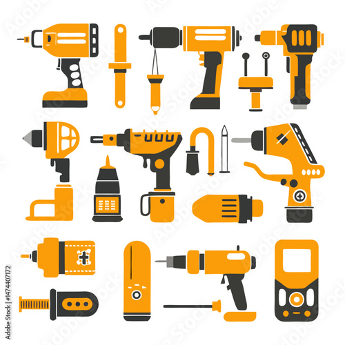 Vector illustration with construction tools drills in yellow and black
