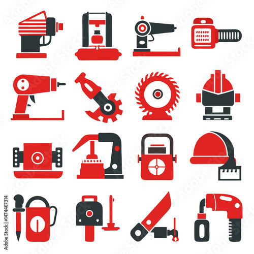 Collection of construction tools, equipment, and machinery icons