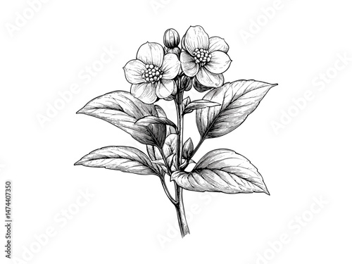 Hand-drawn botanical sketch of euphorbia bloom, vintage engraving, rustic garden print, antique floral motif, spring summer flower, black sketch art, vintage style decor