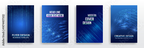 Set of flyer and brochure cover templates with abstract digital binary code background. Blue futuristic designs with glowing ones and zeros. Suitable for cybersecurity, programming topics.
