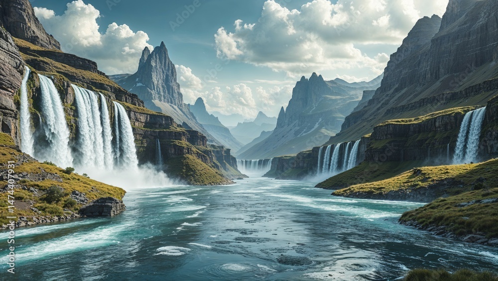 Naklejka premium Beautiful natural autumn mountain waterfall flowing over rocks in the green forest