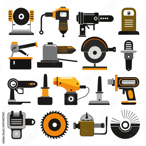 Collection of diverse stylized power tools on white background