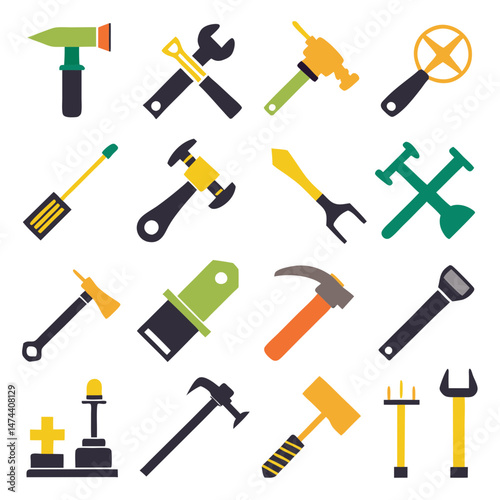 Collection of sixteen different flat design style tool icons